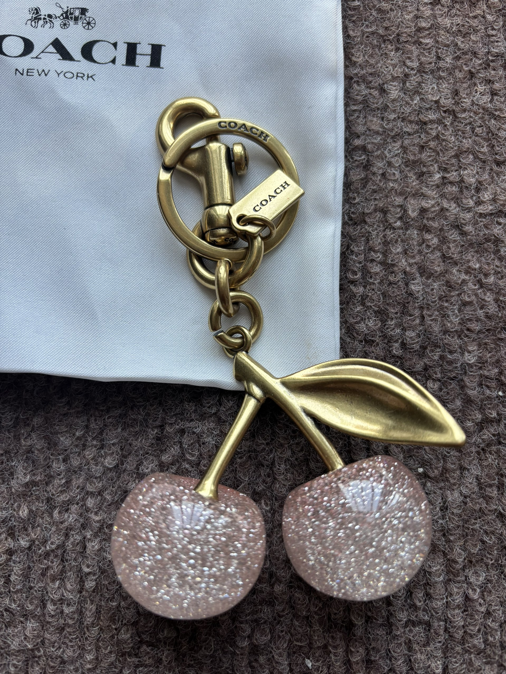 COACH Pink Glitter Cherry Bag Charm with Gold Hardware
